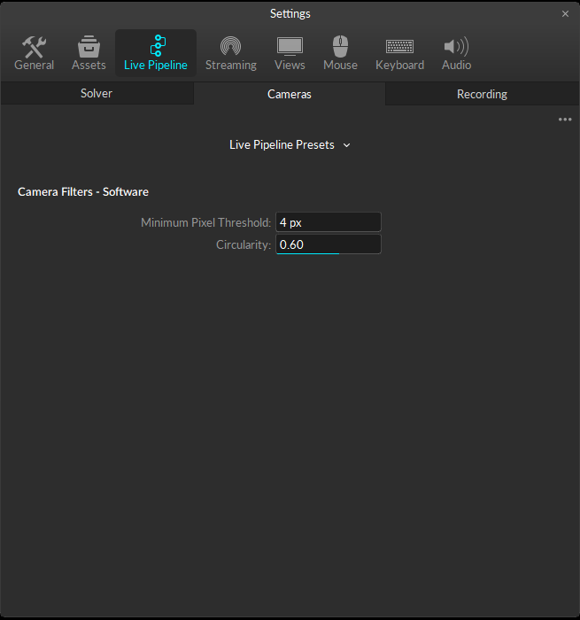 A screenshot of the Motive Settings panel showing the standard Live Pipeline settings, with the Cameras properties displayed. 