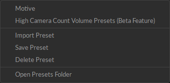 A screenshot of the Live Pipeline Preset solver options from the Motive Settings panel, Live Pipeline settings. 
